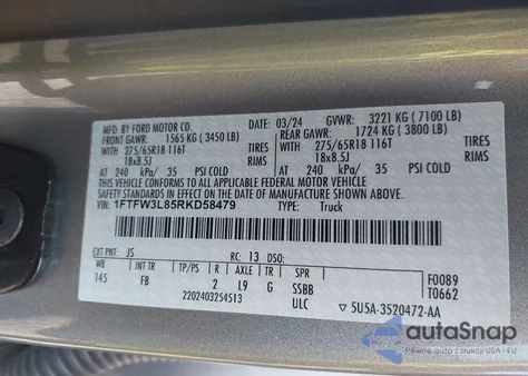 2024 Ford F-150 Xlt z USA, uszkodzony, nr VIN 1FTFW3L85RKD58479